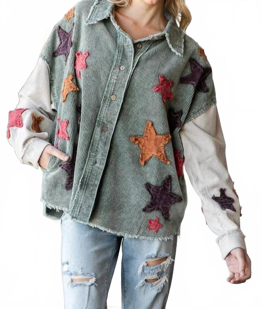 NEW OLI & HALI washed star patch corduroy shacket in sage - Picture 2 of 4